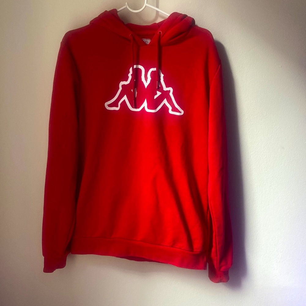 Kappa Logo Hoodie, RED CORAL, USA Size Medium (One Visible Mark)